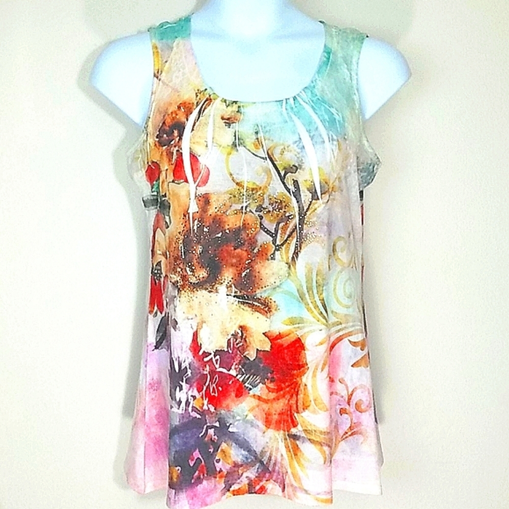 Tank top watercolor Pink blue yellow Floral print beaded sleeveless EUC Fairy